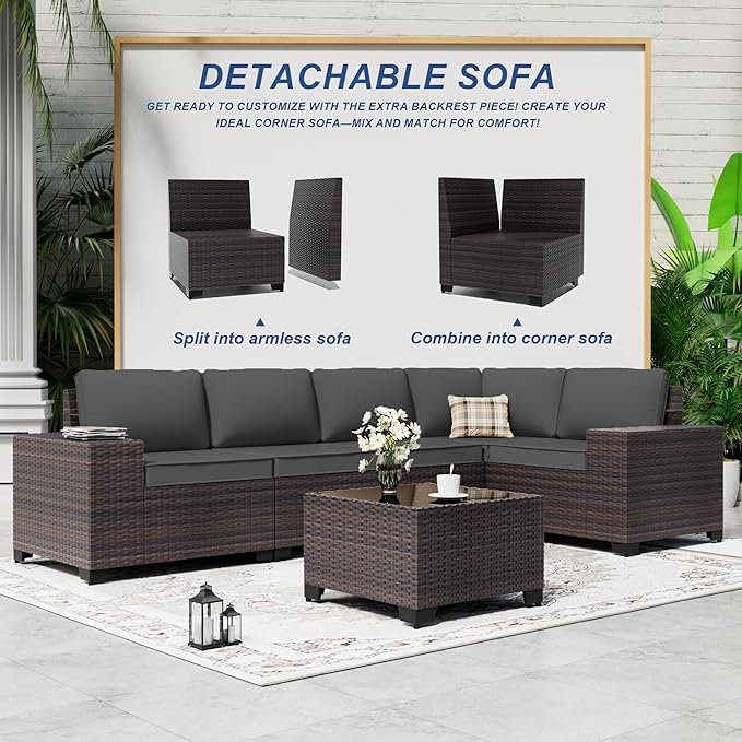 Outdoor Patio Furniture Set, 12 Pieces Outdoor Sectional Furniture High Backrest Patio Sofa, All-Weather PE Rattan Patio Conversation Set with Coffee Table & Cushions