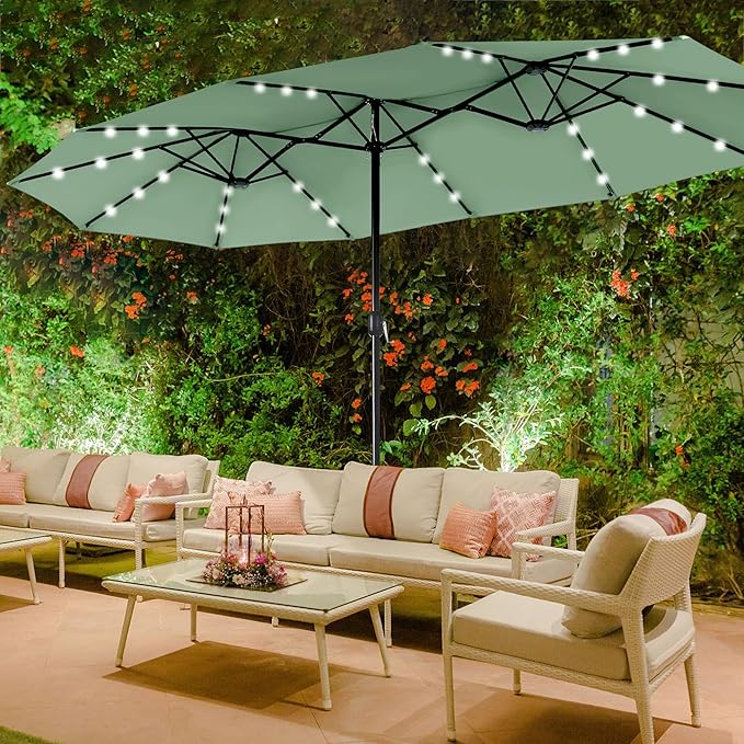 Sophia & William 15 ft Extra Large Patio Umbrella with Solar Lights, Rectangular Outdoor Umbrella with Base Included, Market Umbrella Double-sided Heavy Duty for Pool Garden Backyard, Mint