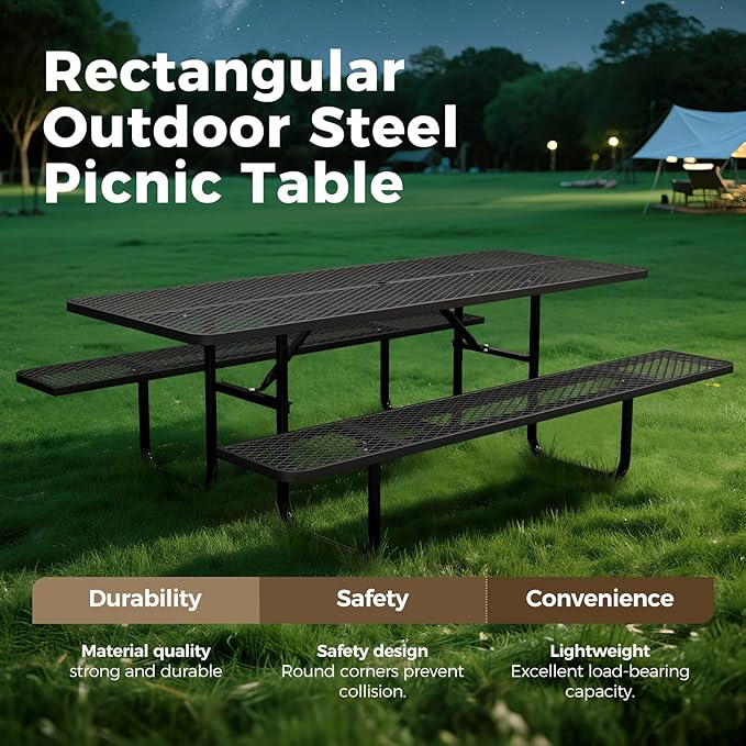 Rueekfil 72" Coated Picnic Table with Umbrella Hole, Heavy Duty Commercial Picnic Table for Outdoors, Family & Party Ready for School Camping, Rectangular, Black