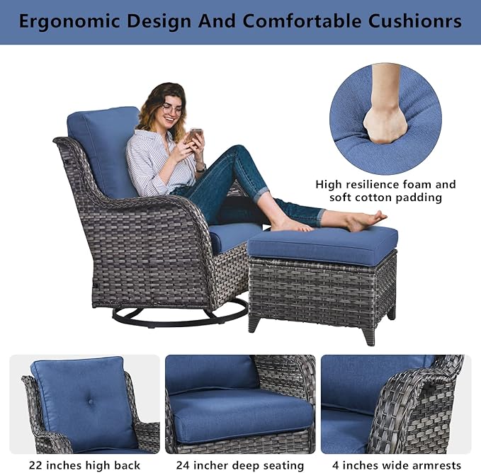 Belord 4 Pieces Patio Furniture Sets, Wicker Patio Swivel Glider Chair with Ottomans, Outdoor Furniture Set for Outside Porch, Deck, Balcony, Garden