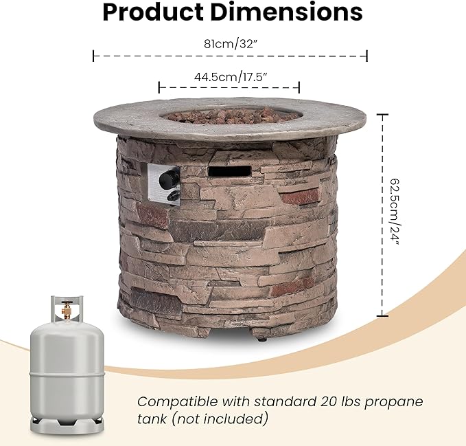 HOMPUS Outdoor Propane Fire Table, 32-inch Imitation Stone Concrete with Rain Cover and Lava Rocks - Smokeless, 40,000 BTU for Patio, Garden, Deck or Backyard