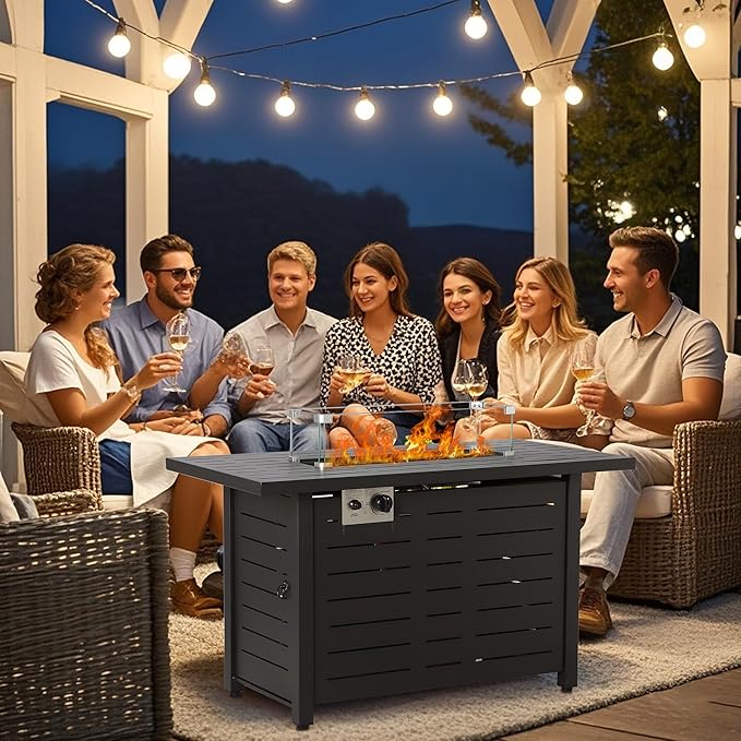 Fire Pit Table, 43" Outdoor Fire Pit Table, 50,000 BTU Gas Fire Table with Lid, Glass Wind Guard for Outside Garden Backyard Deck Patio
