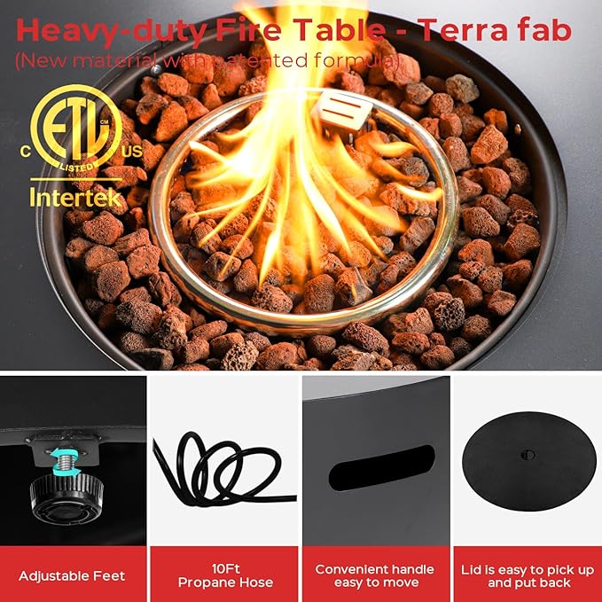 30" Round Propane Fire Pit Table - 50K BTU Round Fire Pits and Tank Cover, ETL Certified Outdoor Fire Table with Lid, Rocks, Rain Cover, Firepit for Outside Patio, Black