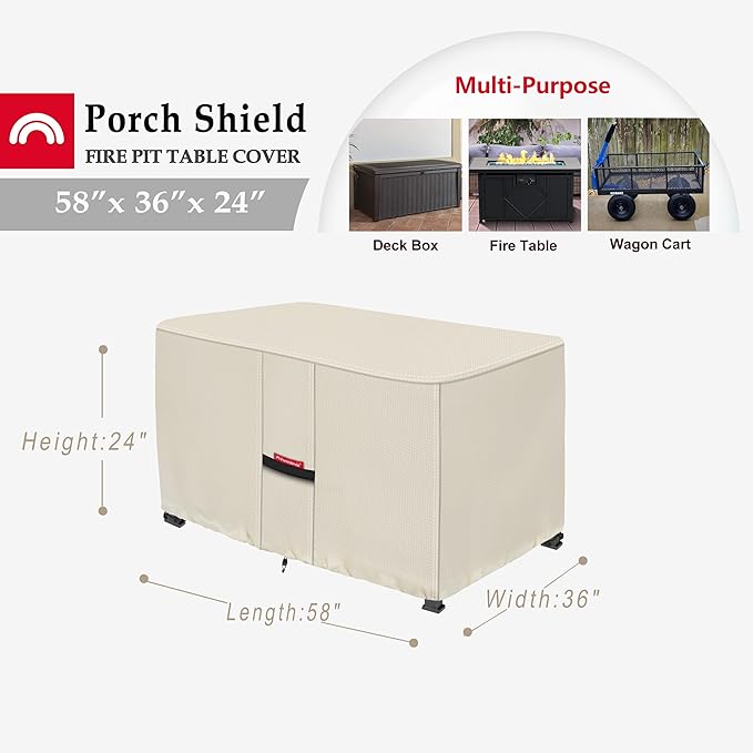 Porch Shield Patio Fire Pit Cover - Waterproof 600D Outdoor Rectangular Fire Table Cover Deck Box Protector - 58 x 36 inch, Beige