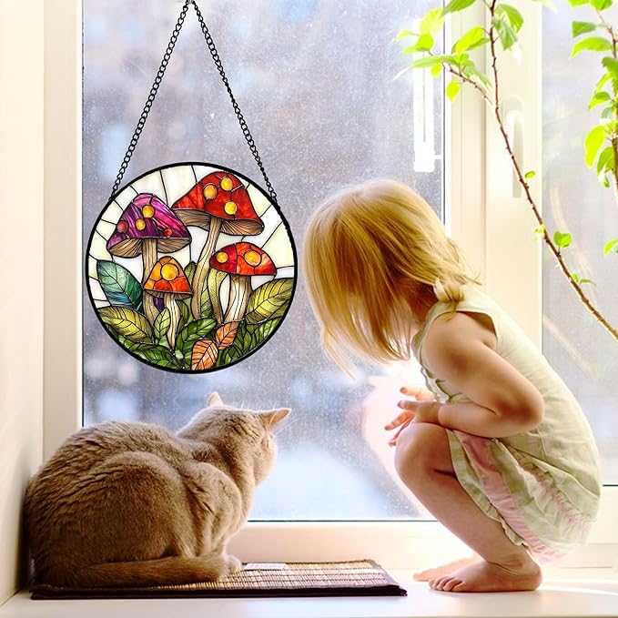 DASTOLL Stained Glass Window Hanging, Mushroom Leaves Suncatcher for Doors Home Sun Catchers Decoration and Christmas, Mother's Day Birthday Gifts for Women, Men, and Mom 9.8 in