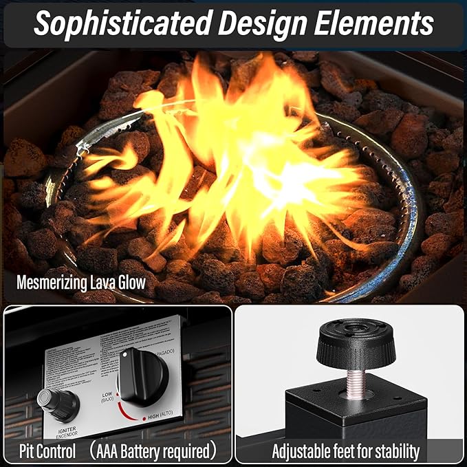 Belord 7-Piece Modern Gray Wicker Patio Conversation Set - 4 Swivel Glider Chairs & 50,000 BTU Propane Fire Table