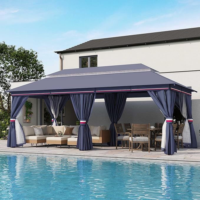 LAUSAINT HOME Outdoor Patio Gazebo 10'x20' with Expansion Bolts, Heavy Duty Party Tent & Shelter with Double Roofs, Mosquito Nettings and Privacy Screens for Backyard (Klein Blue)