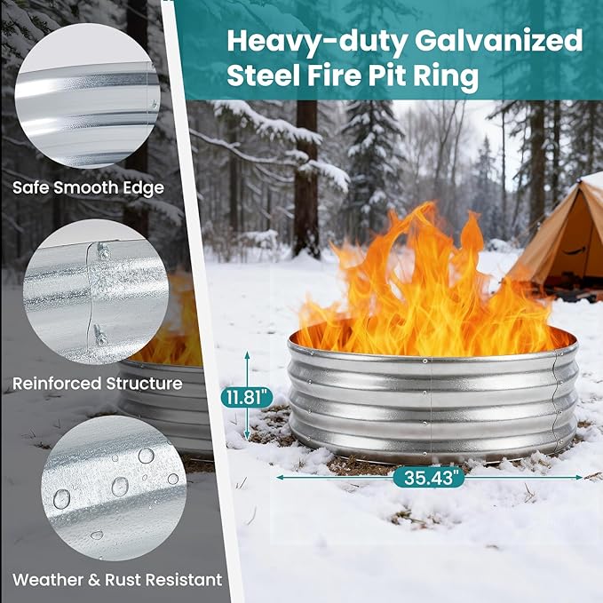 OLIXIS 3FT Round Fire Ring Pit, Outdoor Camp Firepit, Heavy Duty Galvanized Steel 36 Inch Foldable Outside Wood Burning Bonfire Fire Pit Ring for Camping, Backyard, Garden, Beach, Yard Gatherings