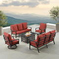 Oakland Living Black Aluminum Patio Fire Table Set with Two Deep Seating Sofa with Cushions and Two Club Chairs with Red Cushions