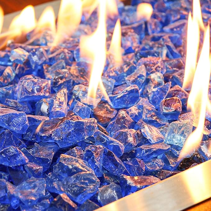GRISUN Blue Fire Glass for Fire Pit - 1/2 Inch 20 Pounds Tempered Glass Rocks for Natural or Propane Fireplace, Safe for Outdoors and Indoors Firepit Glass