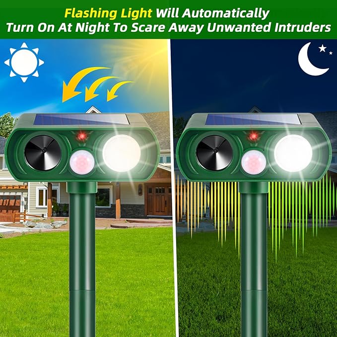 2026 New Solar Ultrasonic Animal Repellent Outdoor Motion Activated Deer Repellent Cat Deterrent with Flash Light to Keep Rodent Dog Skunk Rabbit Raccoon Squirrel Out of Yard Garden Lawn,4Pack