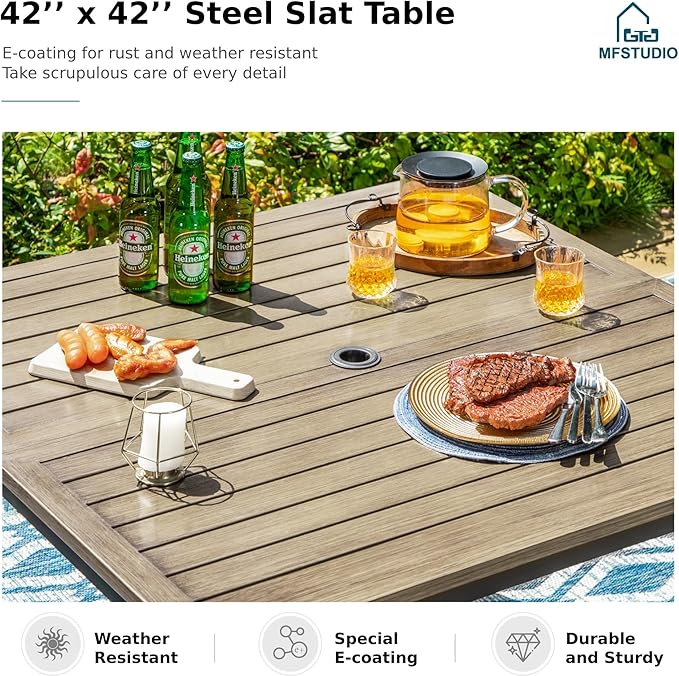MFSTUDIO 42" Square Outdoor Dining Table, Patio Furniture Wood-Like Tabletop with Adjustable Umbrella Hole for Deck,Backyard,Lawn,Garden