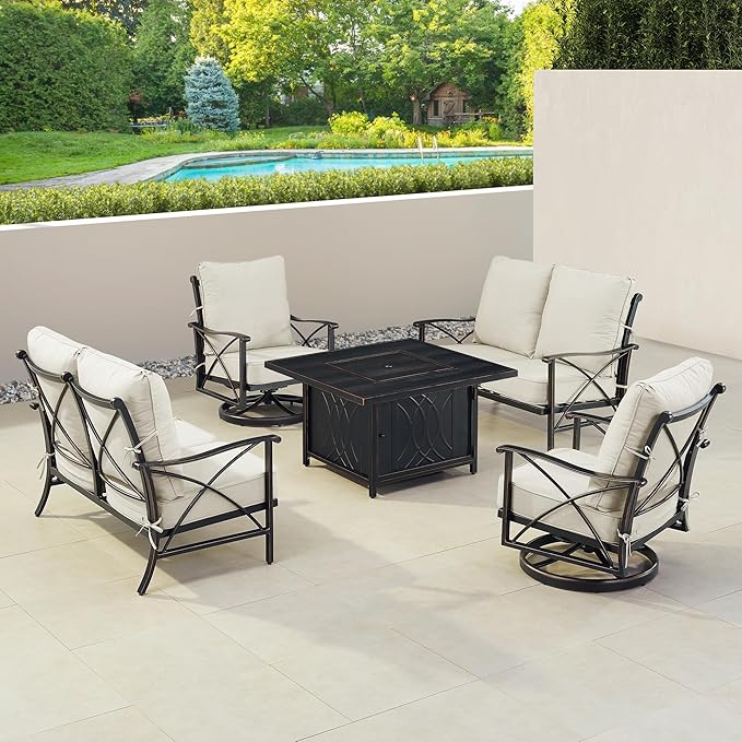 Oakland Living Black Aluminum Patio Fire Table Set with Two Deep Seating Loveseat with Cushions and Two Club Chairs