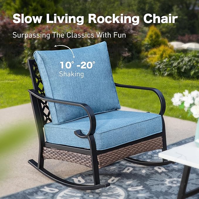 SUNSHINE VALLEY 4 Piece Metal Outdoor Patio Furniture Sets with Firepit Table, Patio Conversation Sets 1 2-Seater Sofa, 2 Rocking Sofa with 5.75" Cushion Black Backyard Furniture for Deck, Denim Blue