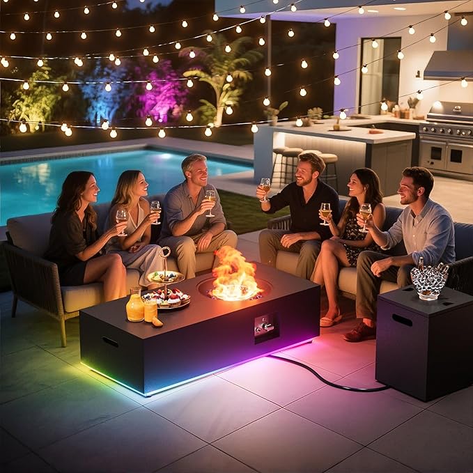 Dineli 2-Piece Outdoor Propane Fire Pit Table Set w Tank Table 48'' Rectangular Firepit Gas Fire Pits for Outside Patio Tabletop Fire Pits w LED, 50,000 BTU (Black with RGB Light)