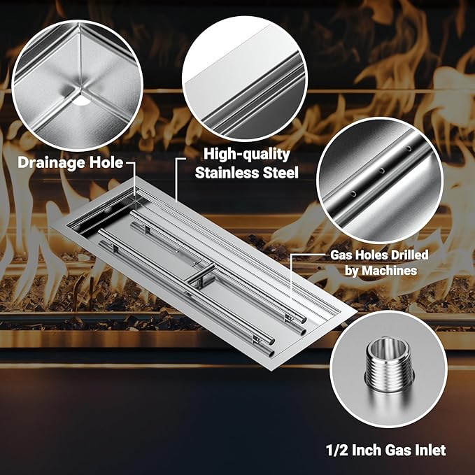 Skyflame 30 x 10 Inch Rectangular Fire Pit Pan Kit, Stainless Steel Drop-in Pan and Burner, Come with Spark Ignition and Propane Hose, Indoor/Outdoor Fire Pit, Fire Table DIY Decorative
