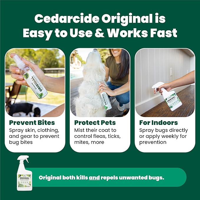 Cedarcide Original Bug Spray | Repel & Kill Fleas, Ticks, Mosquitoes, Mites, Ants & Chiggers | for use on People, Pets & Home | Natural Cedar Oil | Eco-Friendly | Pint