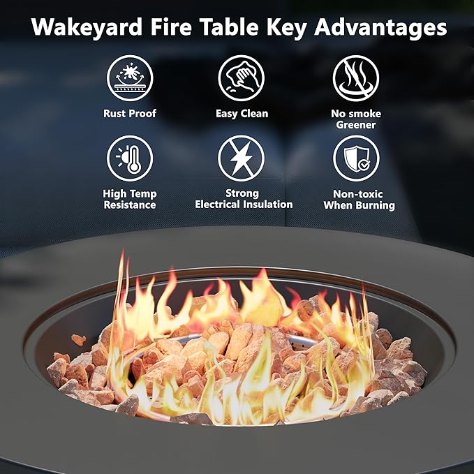 32 inch Round Propane Fire Table, 50,000 BTU Gas FirePit, Patio Fire Pit Table with Steel Lid, Rain Cover, 10ft Propane Hose, Lava Rocks, Black