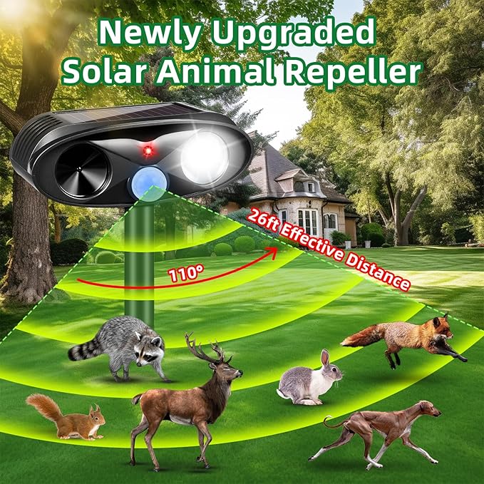 Upgraded Solar Animal Repellent Outdoor Deer Repellent Devices with Motion Sensor & Flashing Light,Ultrasonic Deterrent Control for Cat Squirrel Raccoon Dog Rabbit Skunk for Yard Garden,4 Pack Black