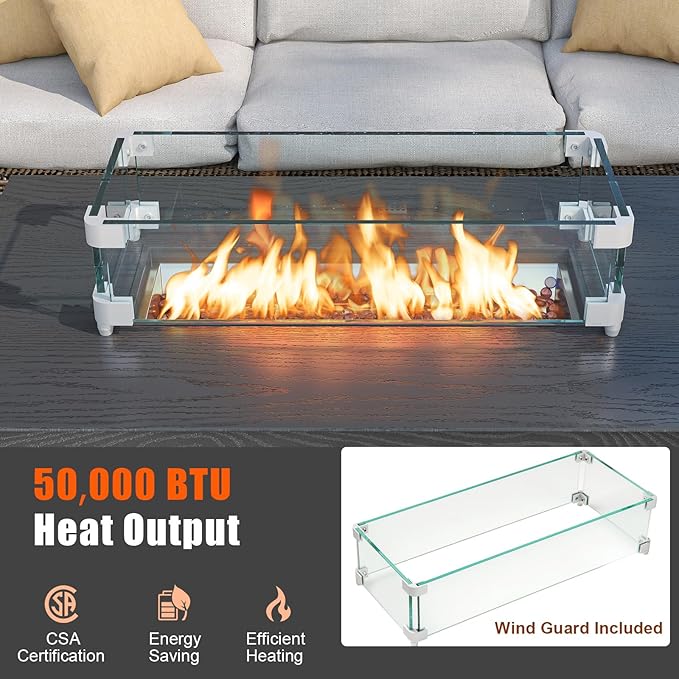 Tangkula Outdoor Propane Fire Pit Table, 42 Inch Rectangular Rattan Fire Table with Wind Guard & Glass Rocks, 50,000 BTU Smokeless Gas Fire Pit for Outside Patio (Black)