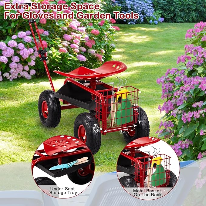 Outvita Garden Cart Rolling Workseat with Wheels, Gardening Stool with Adjustable 360 Degree Swivel Seat, Extendable Handle, Tool Tray & Storage Basket, Gardening Scooter for Yard, Planting, Red