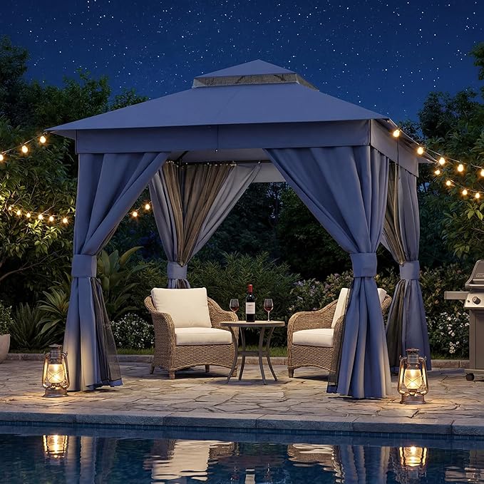 LAUSAINT HOME Outdoor Patio Gazebo 8'x8' with Expansion Bolts, Heavy Duty Party Tent & Shelter with Double Roofs, Mosquito Nettings and Privacy Screens for Backyard (Navy Blue)