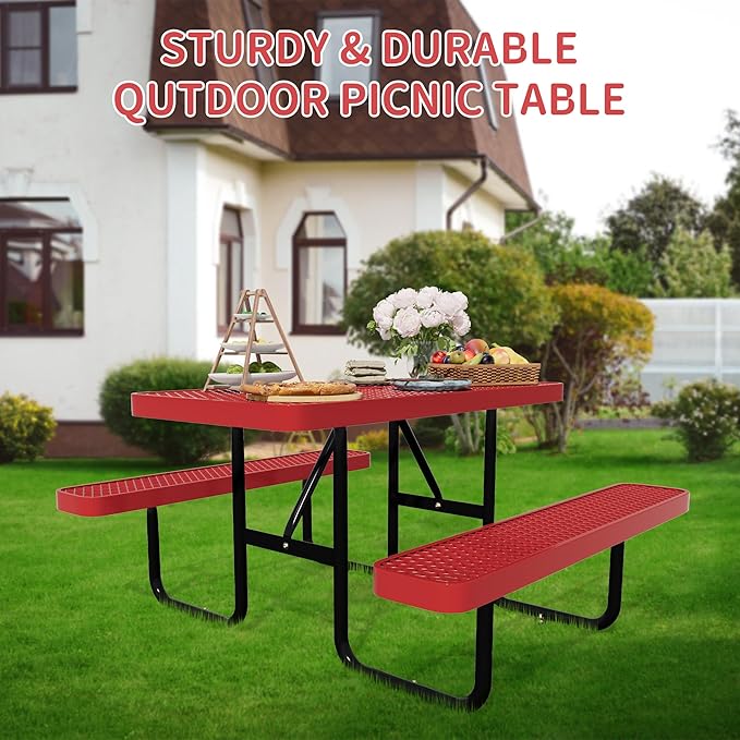 4FT Picnic Tables for Outdoors, Rectangular Commercial Metal Picnic Table Bench Set with Umbrella Hole,Heavy Duty Steel Weather-Resistant Dining Table for Patio Dining Garden Backyard BBQ School