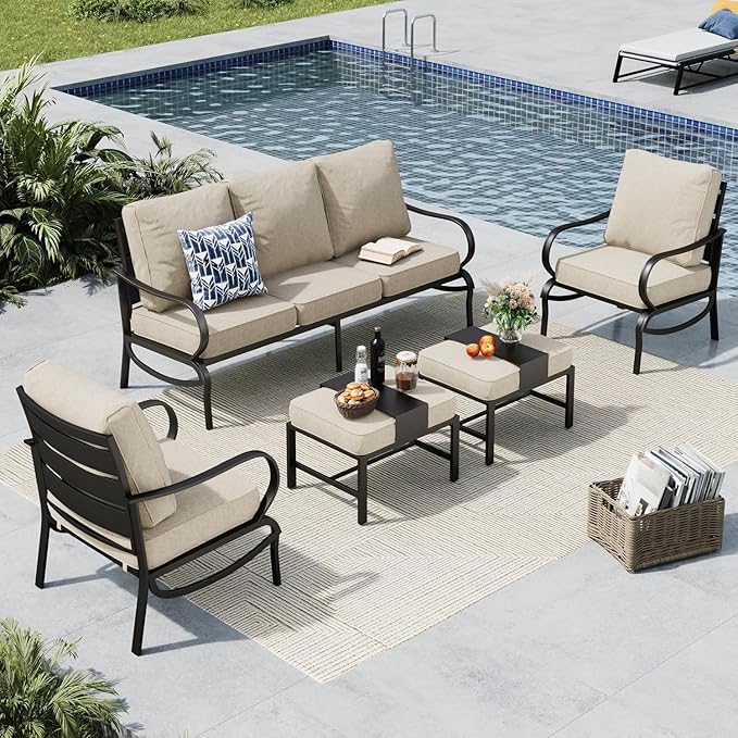 MFSTUDIO 5 Pieces Patio Conversation Sets,Outdoor Metal Furniture Sofas with 1 x 3-Seat Sofa, 2 x Sofa Chairs,2 x Ottoman,Wrought Iron Frame with Beige Cushion for Patio Courtyard Balcony