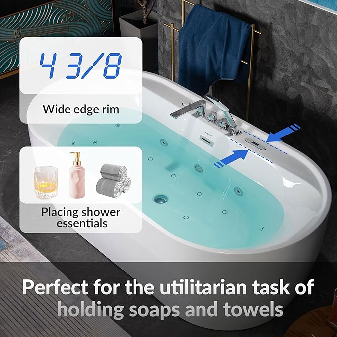 WOODBRIDGE 72" x 35-3/8" Whirlpool and Air Bath Heated Soaking Combination Tub with Adjustable Speed Air Blower, Tub Filler and Display Control Panel, White,BJ-500+F0041