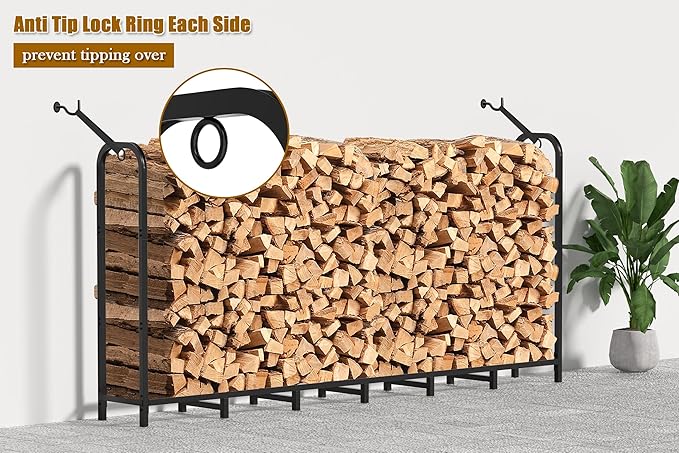 Gtongoko 8ft Heavy Duty Metal Firewood Rack Outdoor Indoor Adjustable Fire Wood Holder Rack for Fireplace, Log Racks for Firewood Outdoor, Wood Pile Storage Organizer, Black