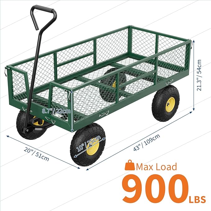 900 LBS Garden Cart with Removable Mesh Sides, Heavy Duty Steel Garden Wagon with Adjustable Handles & 10" Pneumatic Tires, Utility Wagon for Lawn Camping Farm Yard, Green+Black