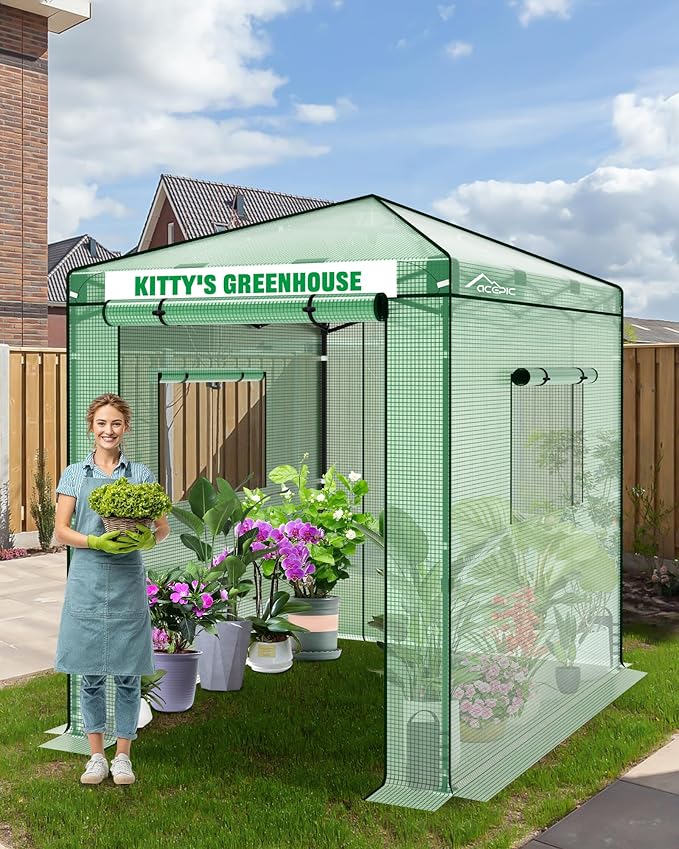 8x6 Instant Pop up Greenhouses, Indoor Outdoor Portable Greenhouse Walk-in, Small Green House for All Season with Roll-Up Zipper Doors and Side Windows, 4 Sandbags, Pe Cover, Green/Clear