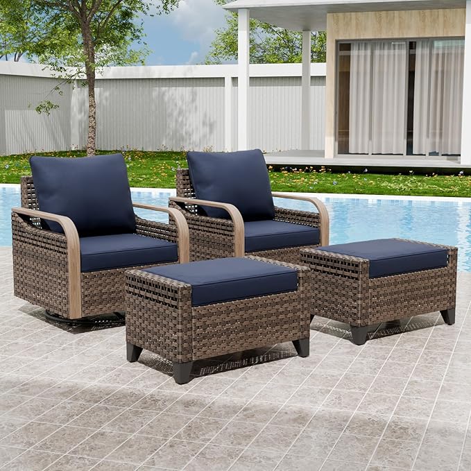 EAGLE PEAK Modern Wicker Outdoor Glider Rocking Chair, Swivel Rocker, Rattan Patio Furniture for Yard Deck Porch Garden, 2 Chairs 2 Ottomans, 4 Piece, Brown/Blue