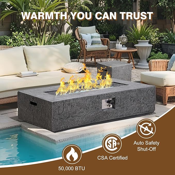 2-Piece Outdoor Propane Fire Pit Table Set – Premium Slate-Like MgO Finish, 48-Inch Gas Fire Table with Tank Table for Patio, Garden & Backyard, Includes Rain Cover & Glass Beads