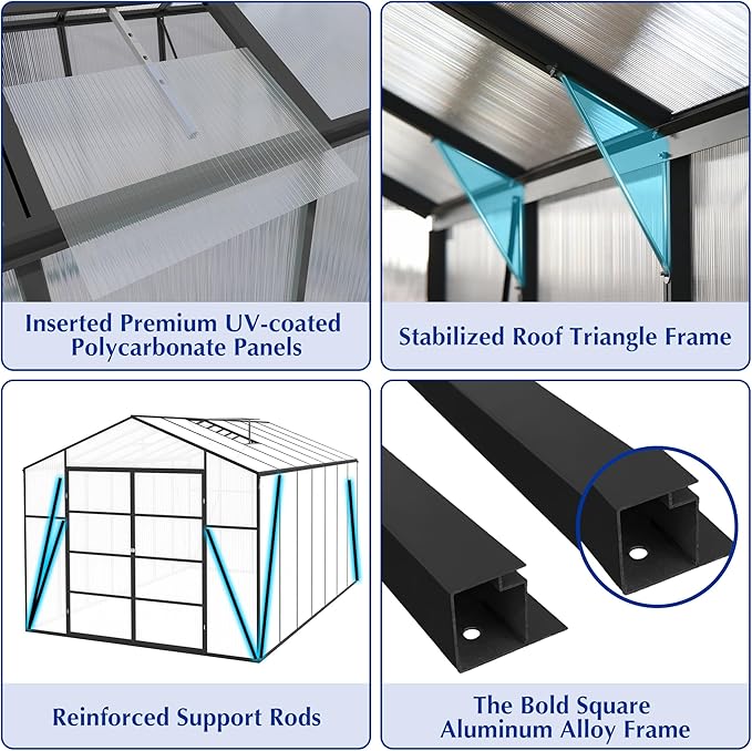 KEIKI Walk-in 10x14 FT Polycarbonate Greenhouse, Aluminum Frame Outdoor Greenhouse with Roof Vent, Anchor Base & UV-Blocking Panels for Backyard Gardening, Black
