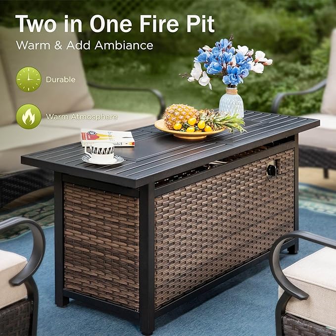Patio Furniture Set with 56" Fire Pit Table, Premium Outdoor Wicker Metal Frame Furniture with Upgraded Waterproof Thick Cushions for Porch, Poolside, Deck, and Yard（4 Pieces,Beige