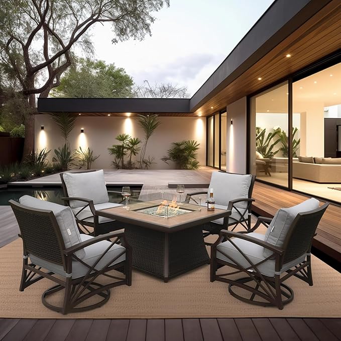 42" Outdoor Fire Pit Table for Patio Square 50,000 BTU CSA Certified Propane Gas Fire Pit with Wicker Base Ceramic Tile Top and Lid&Wind Guard for Garden, Backyard, and Deck Parties