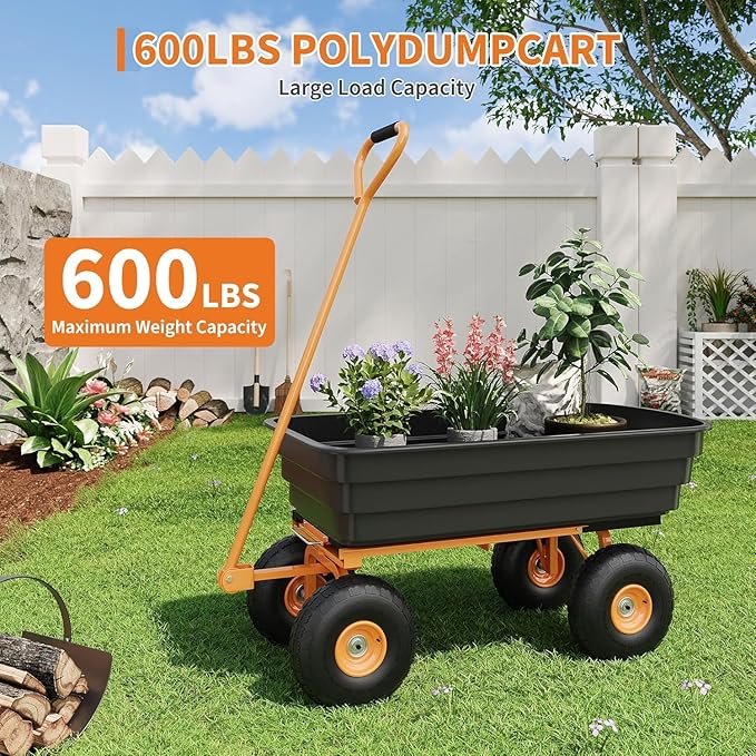 Heavy Duty Garden Dump Cart, 600LB Yard Utility Cart with All-Terrain Wheels & Quick-Release, Gardening Cart