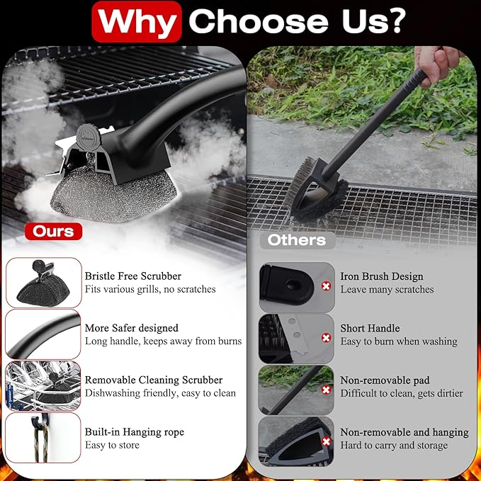 Purgreat Grill Brush for Outdoor BBQ - Replaceable Bristle Free Heading and Reinforced Scraper - Safe BBQ Brushes for Porcelain/Gas/Charcoal/Smoker/Cast Iron Grill - Cleaning Brush(Black)