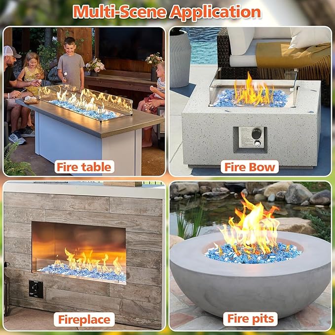 Mesida 1/4 Inch Reflective Fire Glass for Propane Fire Pit – 10 lb Tempered Glass Rocks for Gas Fireplace, Fire Bowl & Patio Landscape Decoration,Pacific Blue