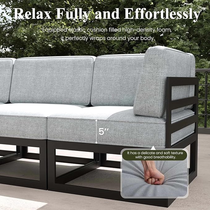 LayinSun Large Aluminum Patio Furniture Set with Fire Pit Table, 7 Pieces Modern Outdoor Conversation Set Sectional Metal Sofa Set with Olefin Cushion