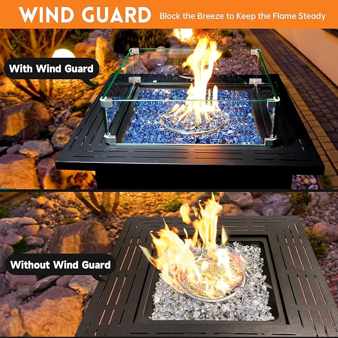 Fire Pit Wind Guard, 19.5" x 19.5" Square Tempered Glass Wind Shield for Firepit & Fire Table, Thick Glass and Easy Installation with Included Tools, Airflow Management for Stable Flame