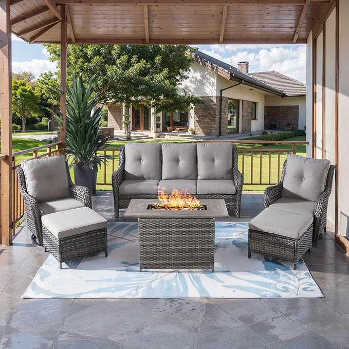 HUMMUH 6 Pieces Patio Furniture Set with Fire Pit Table Outdoor Conversation Set PE Wicker Patio Couch Swivel Glider Chairs Ottomans for Balcony Garden,Lawn,Deck