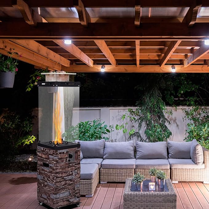 Outdoor Patio Propane Fire Heater with Weather Cover Glass 41000 BTU Fireplace Patented & CSA Certificated, Stackstone Brown