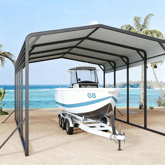 15x25 12x20 FT Heavy Duty Metal Carport, Black All-Weather Car Shelter with Reinforced Steel Frame & Leak-Proof Roof, 100MPH Wind Resistance for Cars, Boats, Trucks, Outdoor Parties