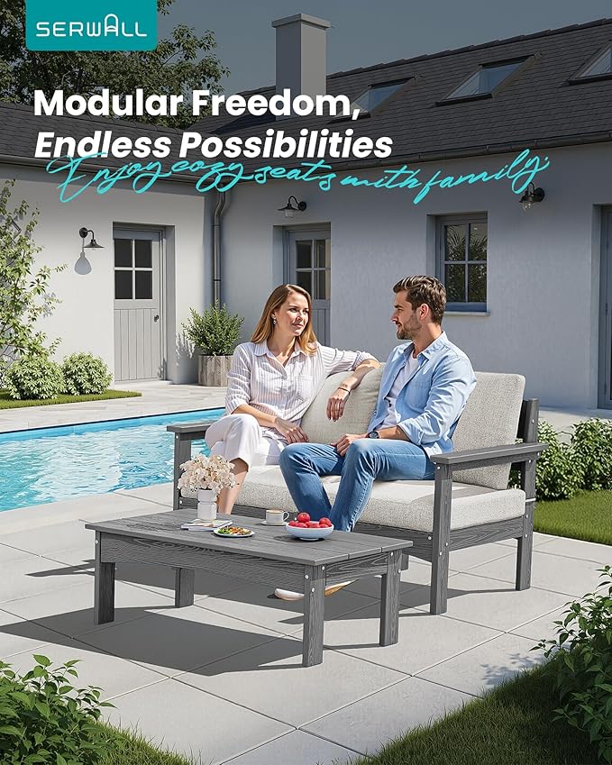 SERWALL Outdoor Coffee Table, HDPE All-Weather Patio Table, Patio Furniture Accent Table for Garden, Backyard, Balcony, Poolside, Grey