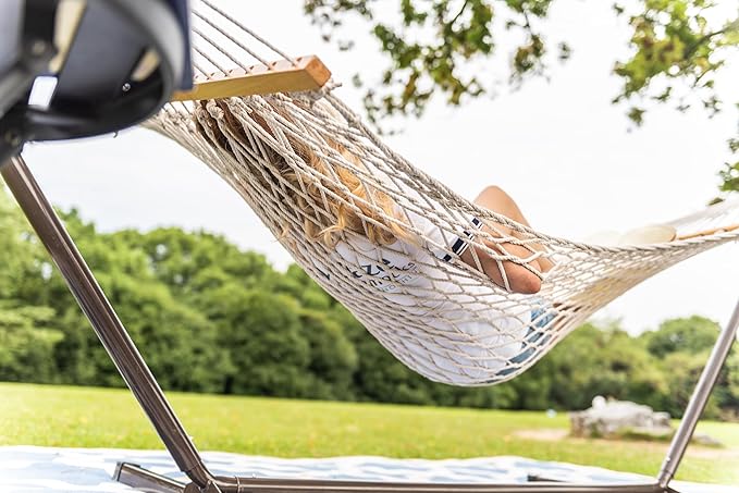 Lazy Daze Hammocks 12FT Double Rope Hammocks, 2 Person Hand Woven Cotton Hammock with Spreader Bar for Outside, Patio, Poolside, FIT 13-15 Foot Stand, Max 450 Lbs, Natural, 141 x 57 inches