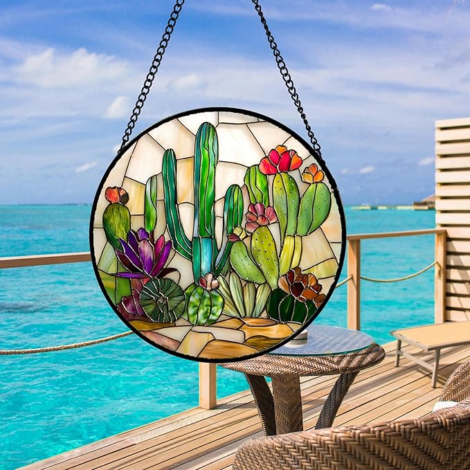 DASTOLL Stained Glass Window Hanging, White Green Cactus Suncatcher Diamond Glass Panel Hangings Sun Catchers Decor for Birthday for Women, Men, Wife, Aunt, and Mom 14.9x14.9 in
