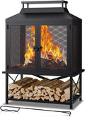Fire Pits for Outside Wood Burning - 39" H Square Metal Outdoor Chiminea Fireplace with Grill, Mesh Spark Screen & Fire Poker, Ideal for Garden, Backyard, Patio, Party, Camping, Picnic, BBQ, Bonfire