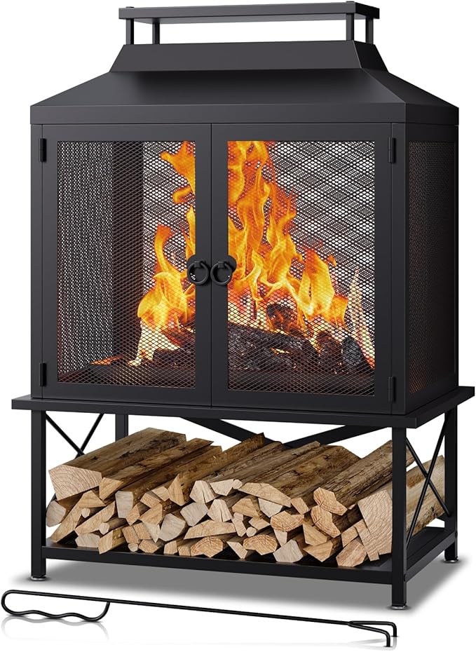 Fire Pits for Outside Wood Burning - 39" H Square Metal Outdoor Chiminea Fireplace with Grill, Mesh Spark Screen & Fire Poker, Ideal for Garden, Backyard, Patio, Party, Camping, Picnic, BBQ, Bonfire